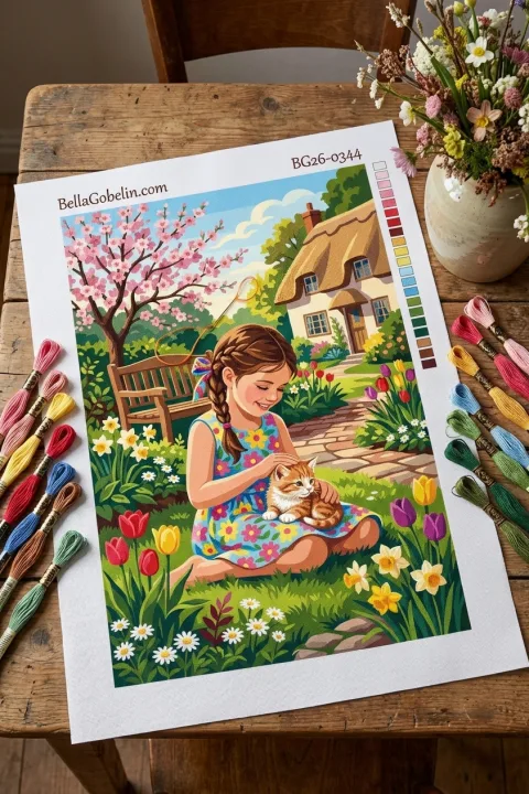 Girl with cat in flower garden