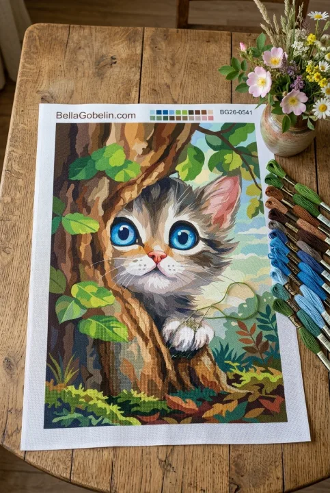 Kitten behind the tree