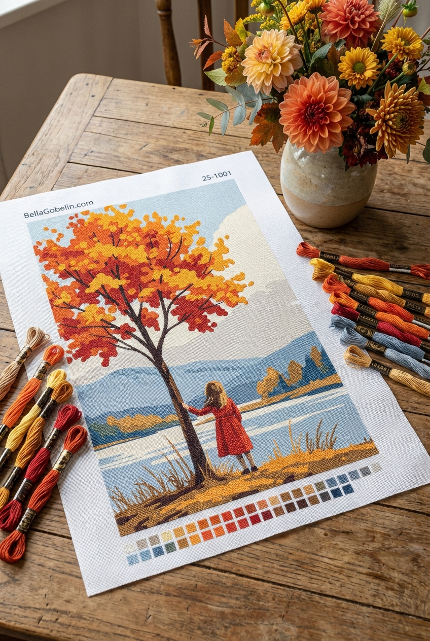 Little girl by the tree on a needlepoint tapestry