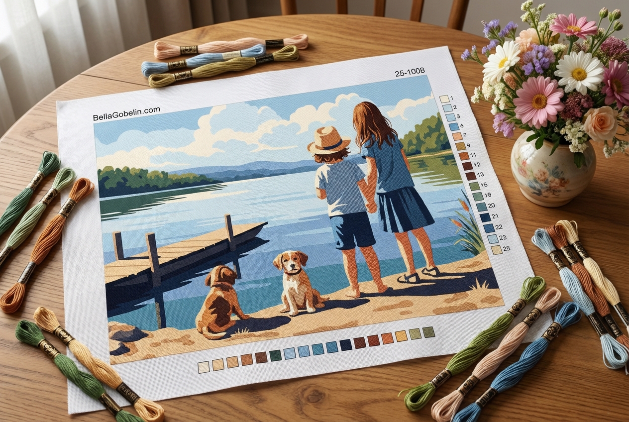 Children and puppies by the lake