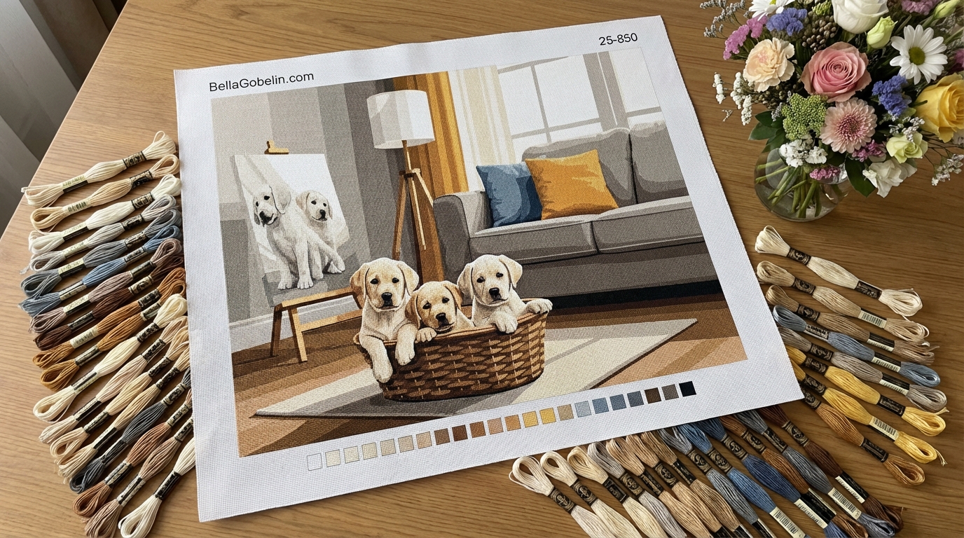 Touching puppies in the living room