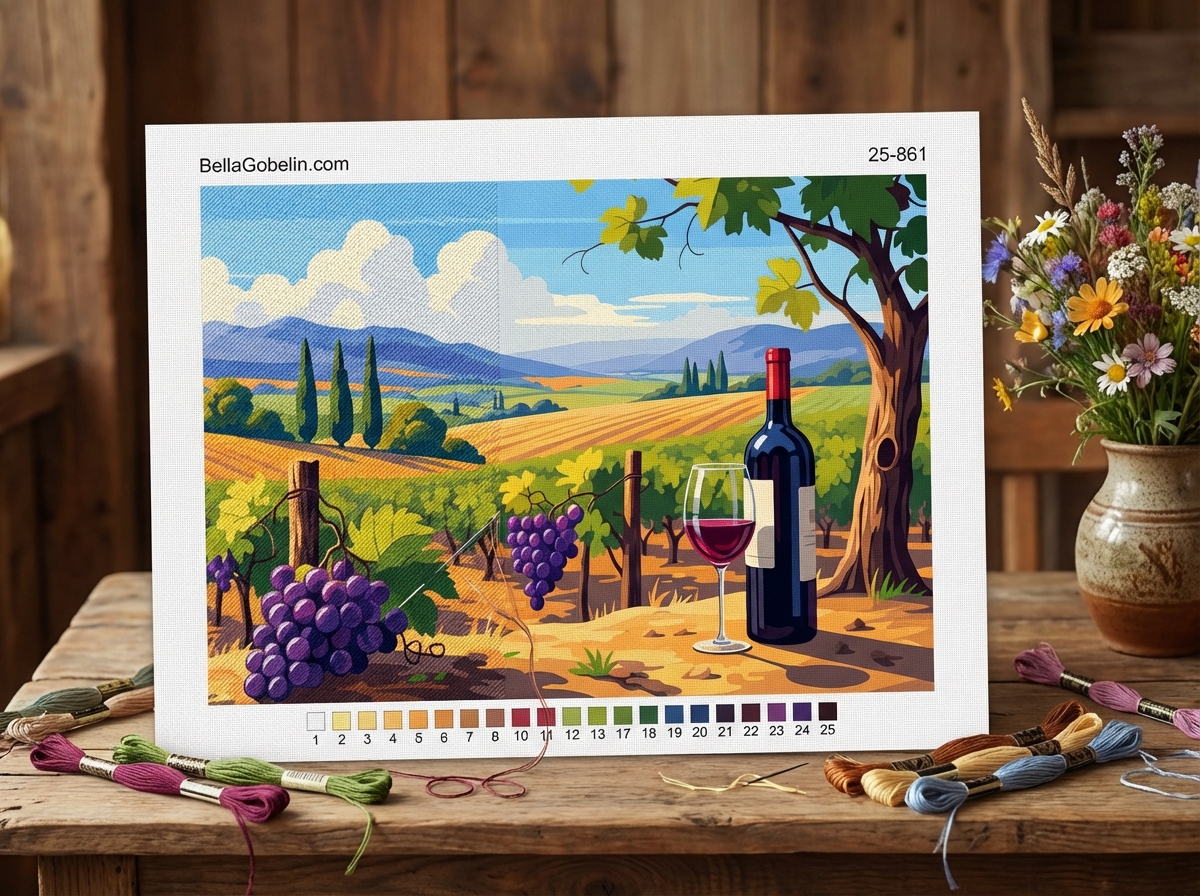 Harvest landscape in Tuscany with a tapestry embroidery