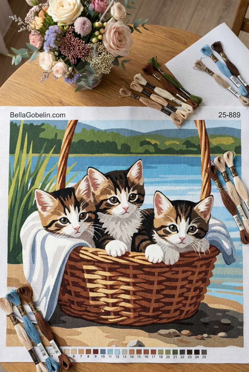 Kittens in a basket (needlepoint tapestry)