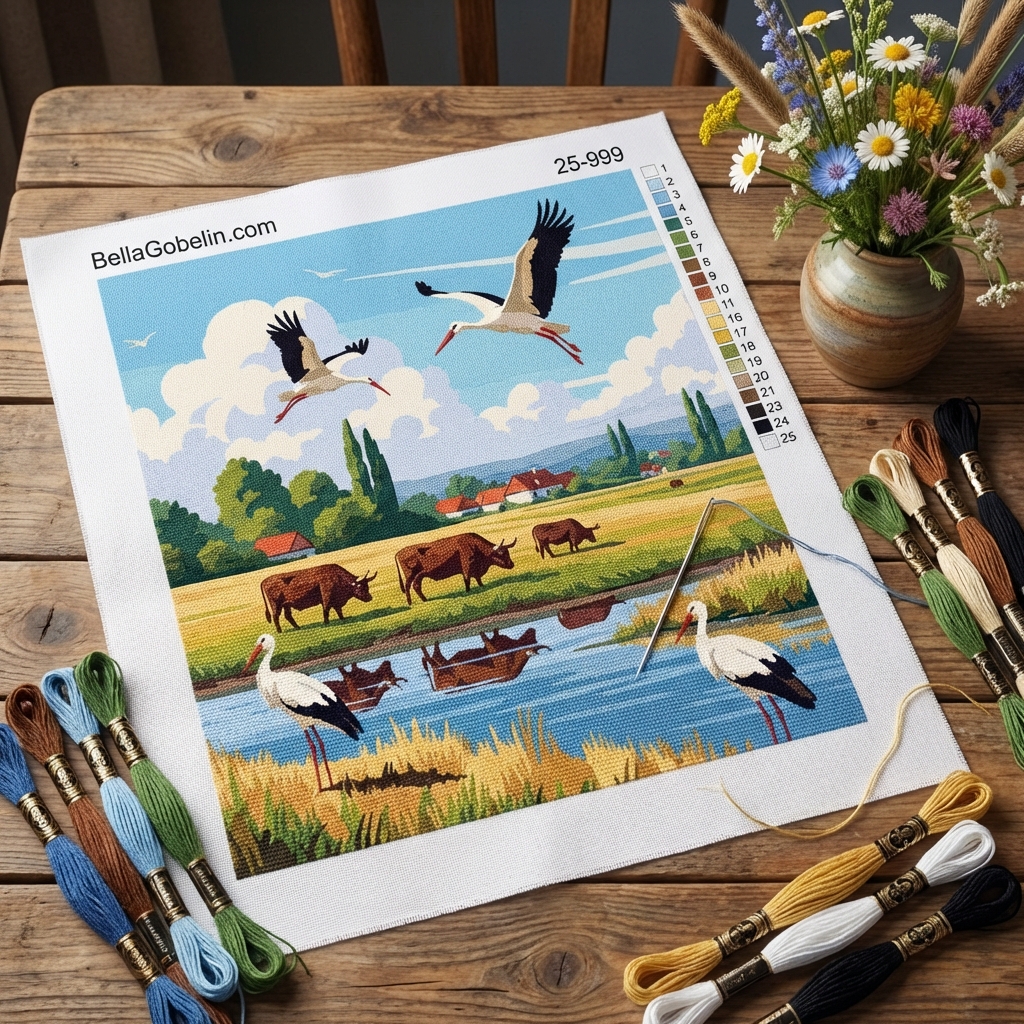 Swans and Cattle by the Lake