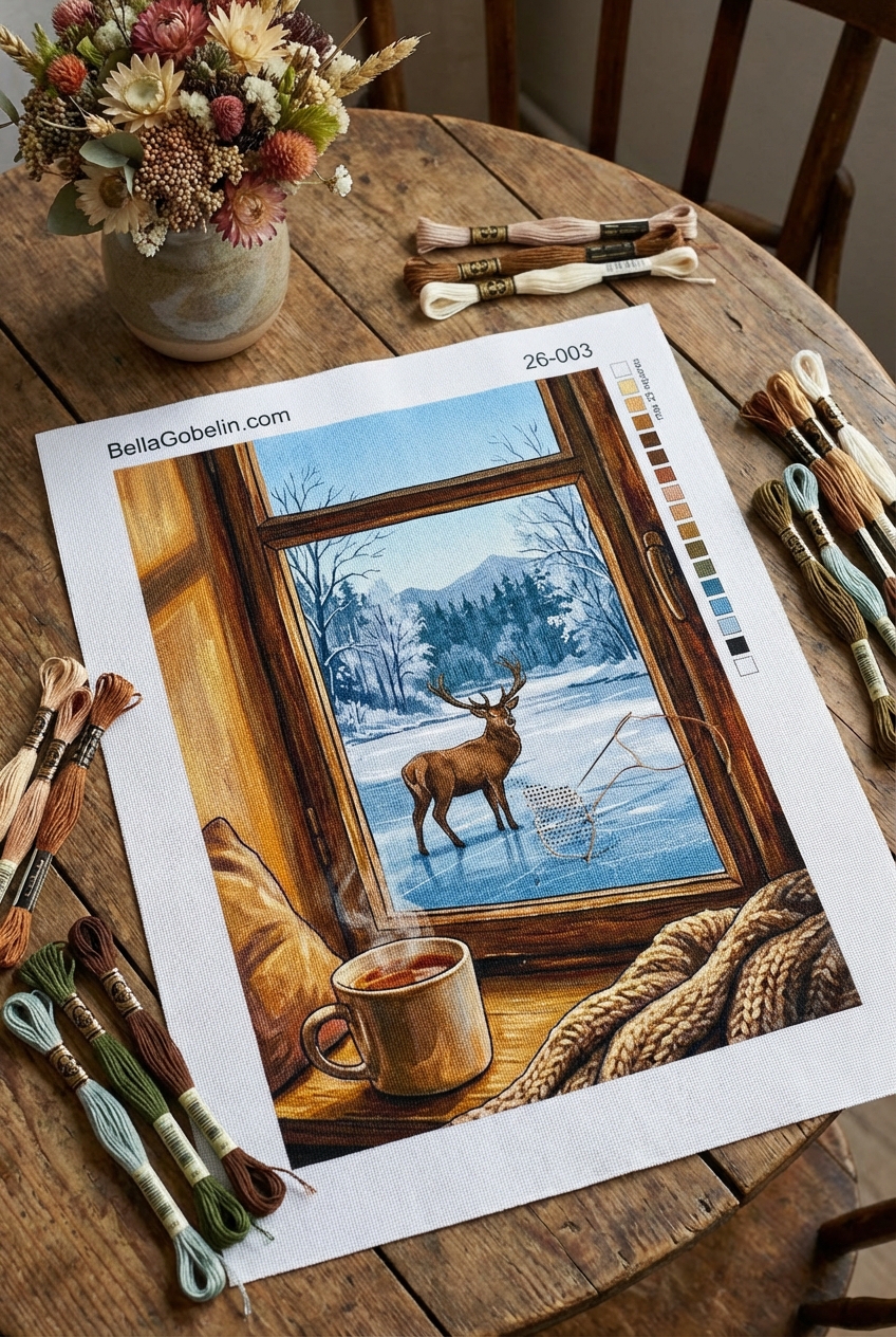 Warm indoors, cold outdoors — a painting of a deer.
