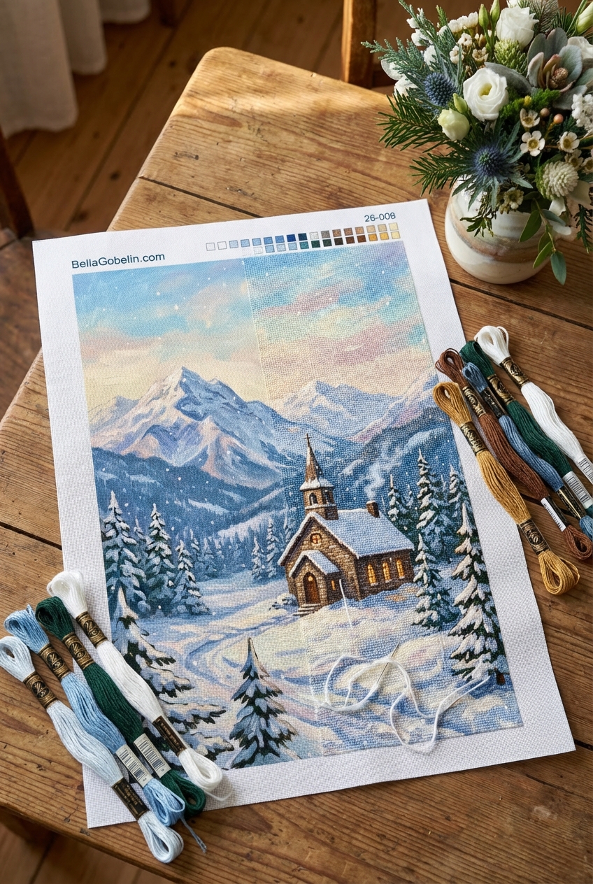 Winter scene at the Eredi temple with a needlepoint tapestry