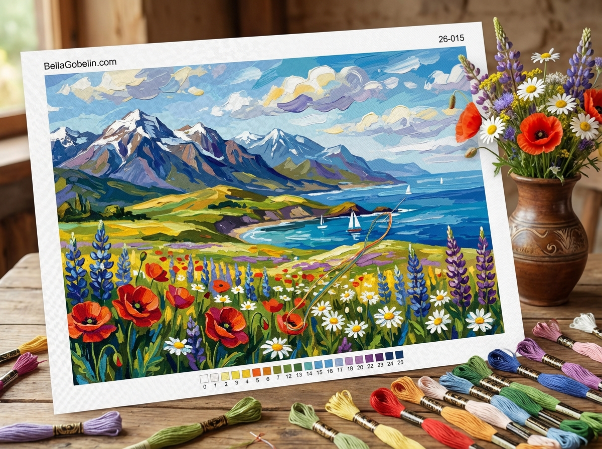 Spring Moment with Mountains and a Seaside Tapestry