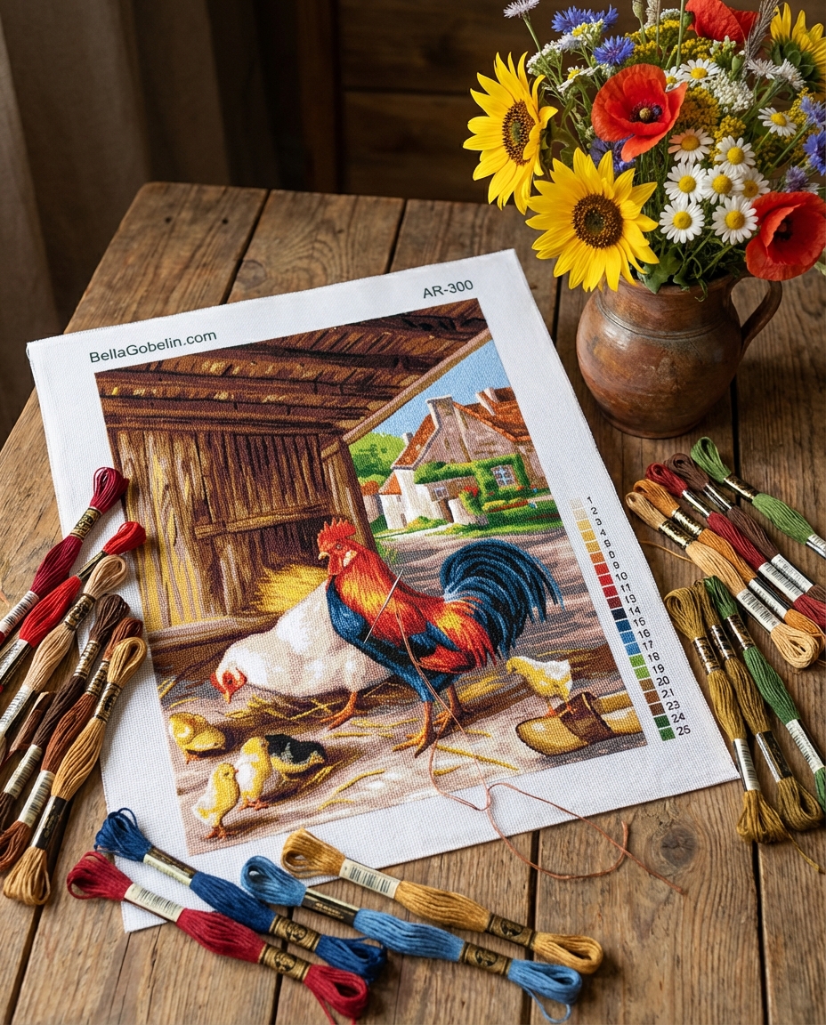 The rooster, the hen, and the chicks