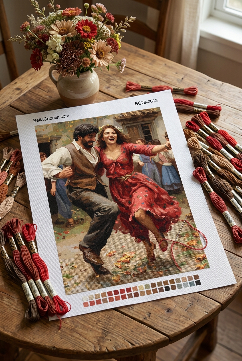 Dancing couple portrait in needlepoint tapestry