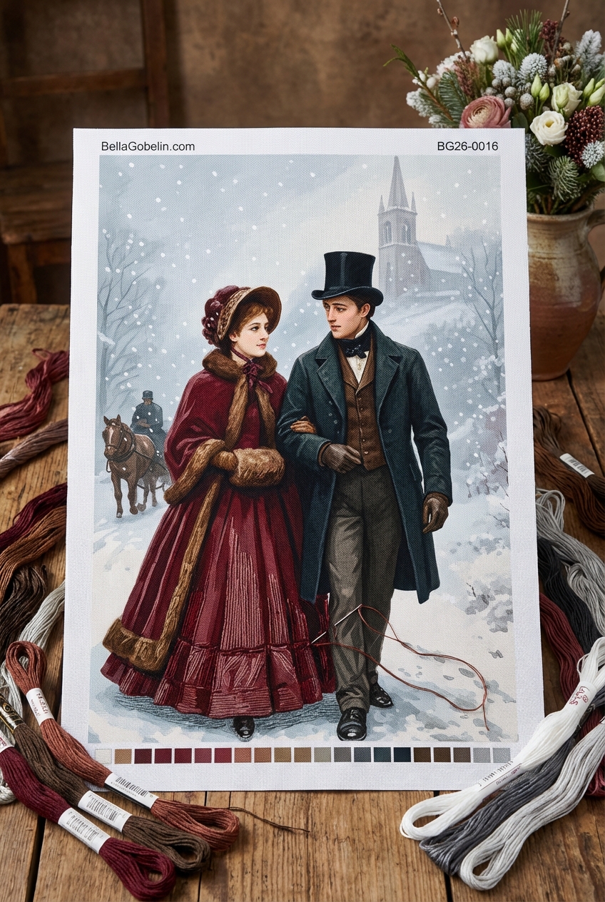 Winter walk in the snow with a needlepoint tapestry