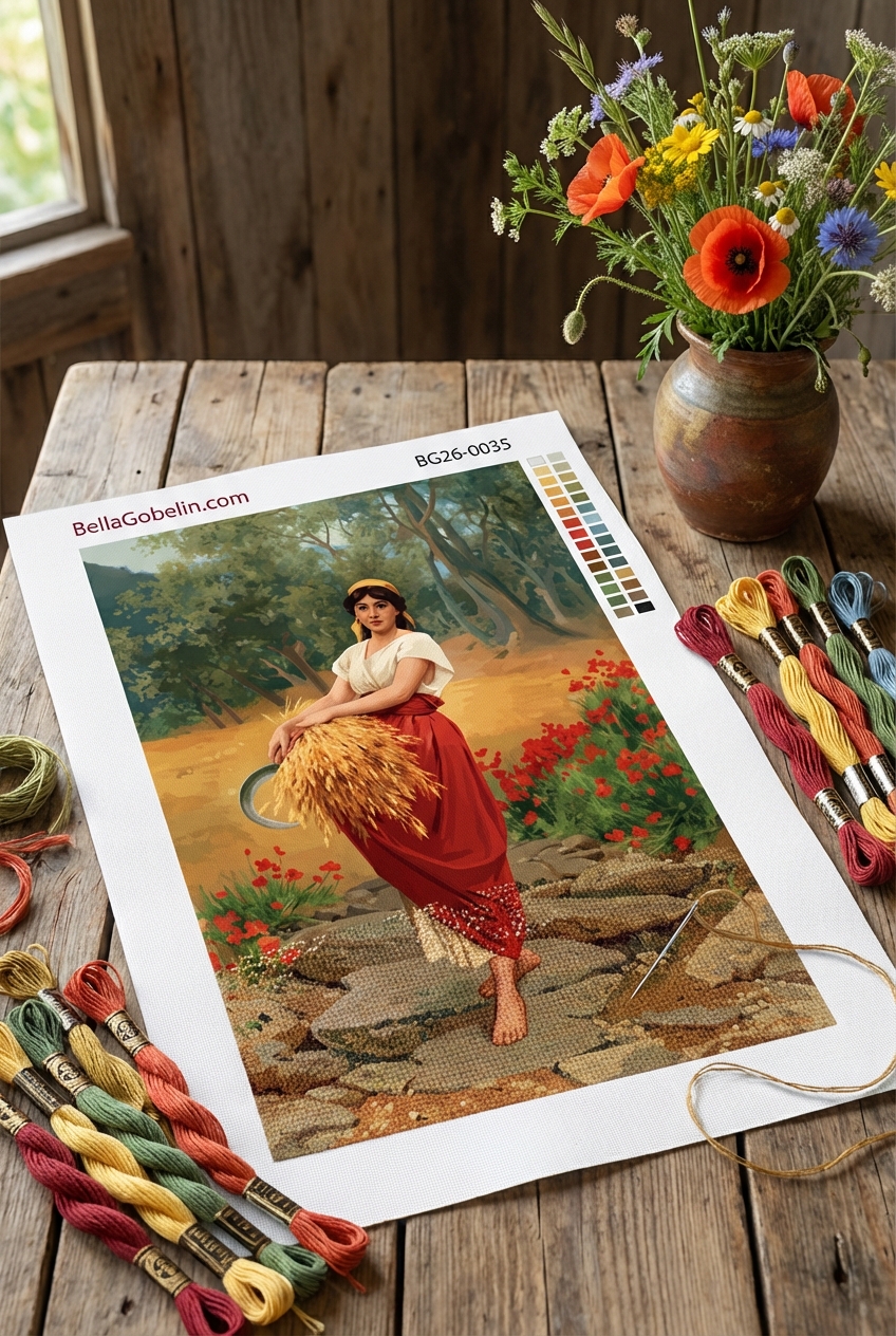 Reaper girl in a landscape with a tapestry needlepoint embroidery