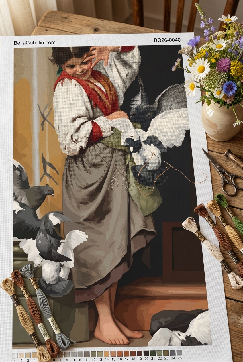 Ettore Tito - The Little Girl and the Doves replica