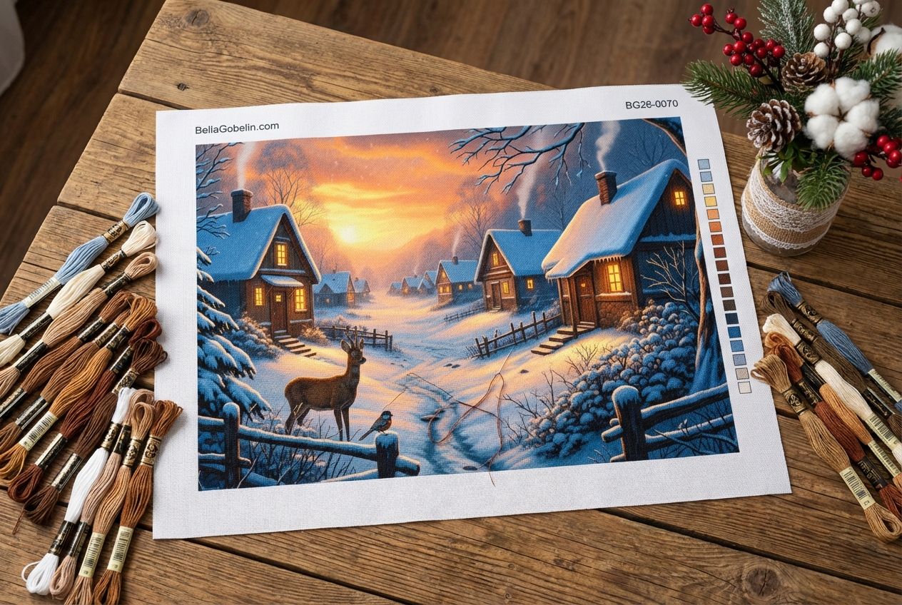 Winter landscape with a deer tapestry