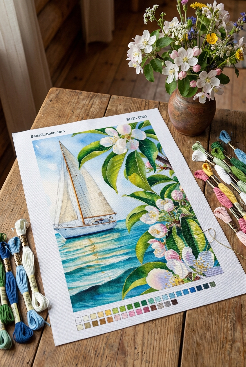 Sailing boat with floral details on a seaside landscape