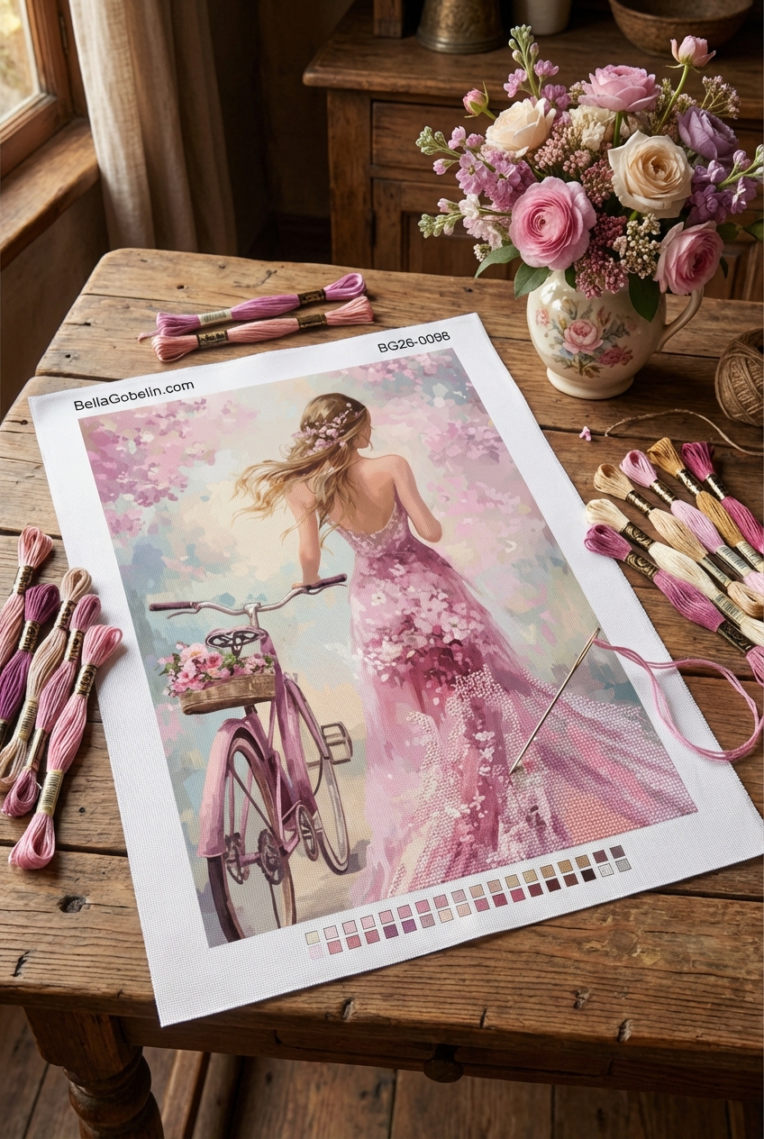 Floral girl riding a bicycle