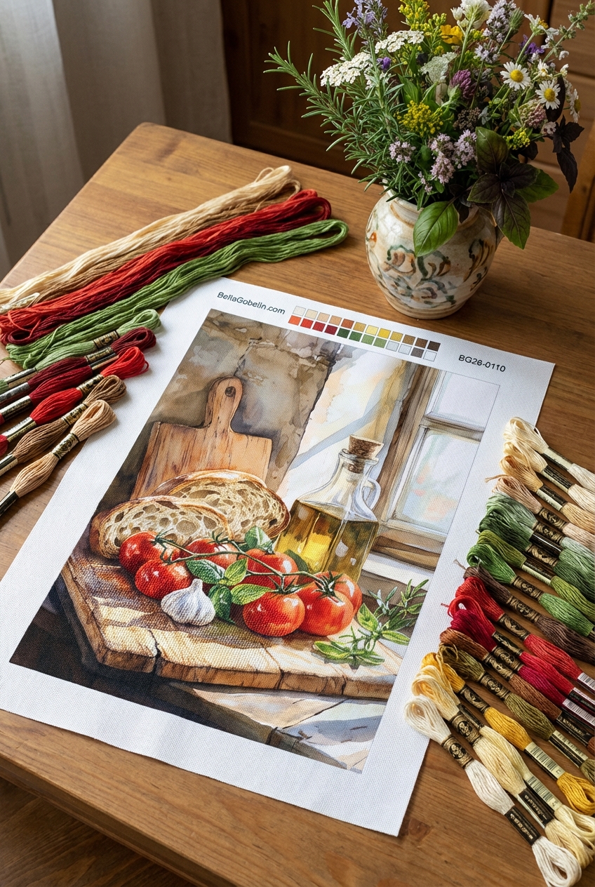 Still life with bread and tomatoes
