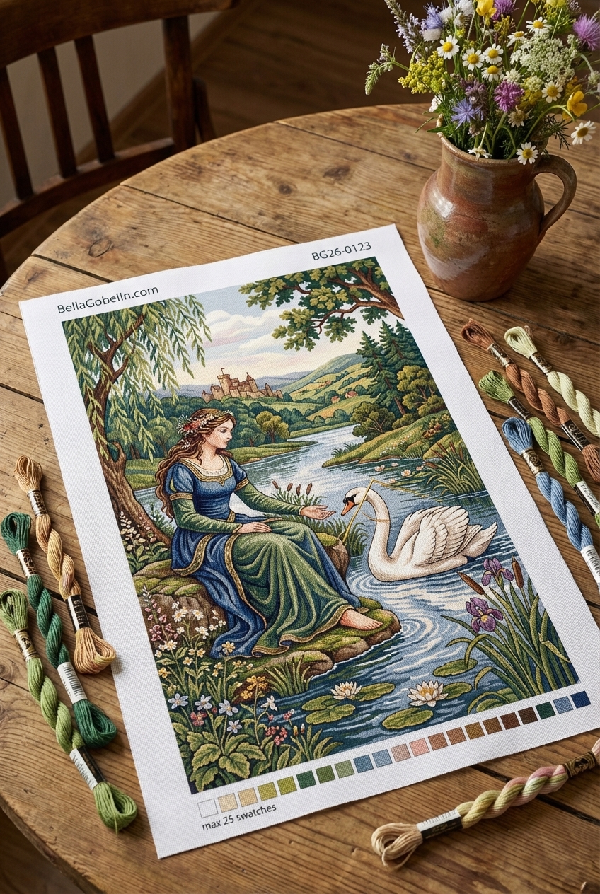 Woman with a swan in a landscape