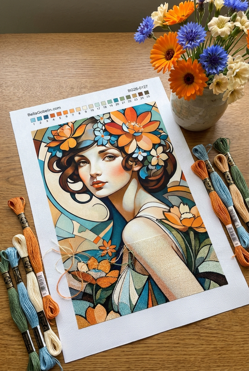 Portrait in the style of Alphonse Mucha with tapestry embroidery