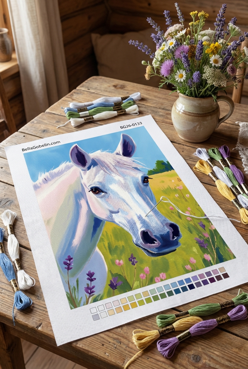 White horse in a flower meadow