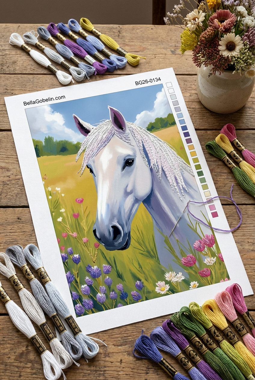 White horse in a flower meadow