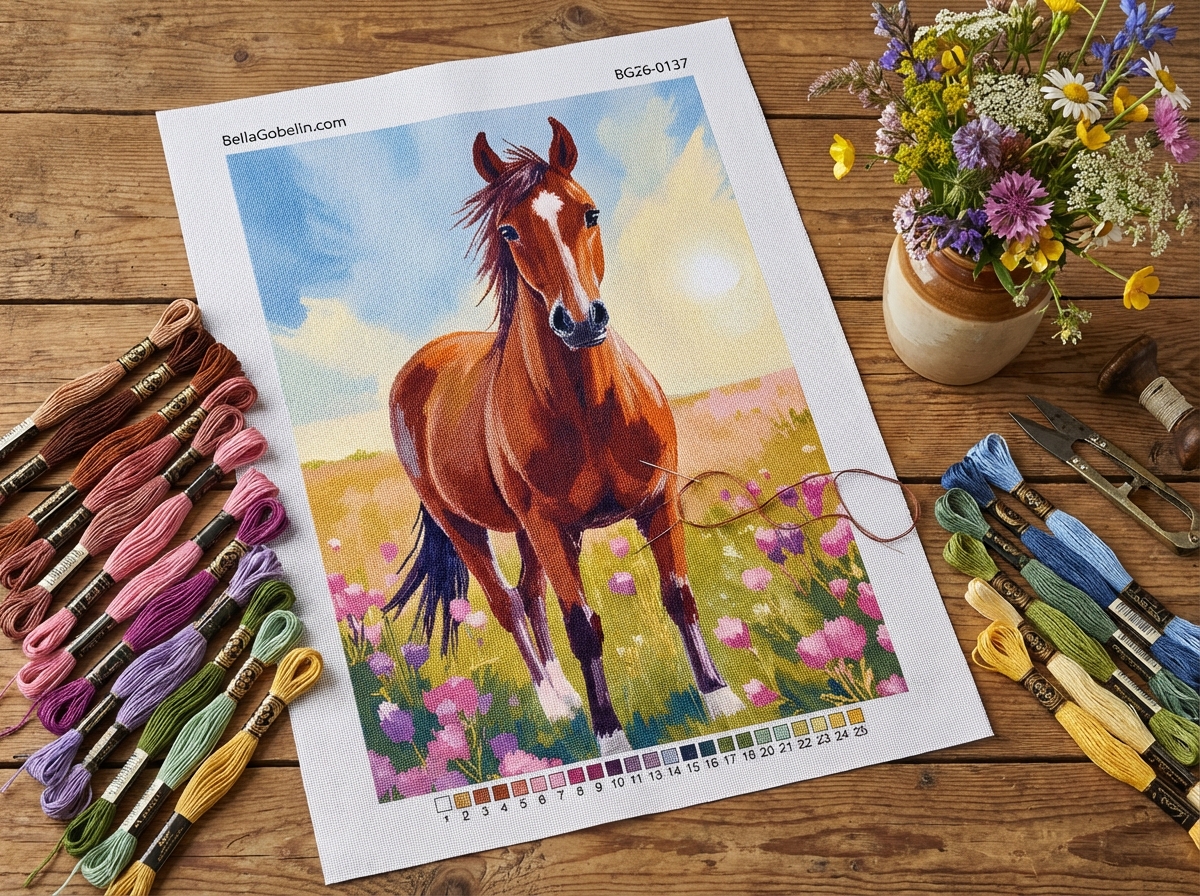 Horse in a flower meadow tapestry