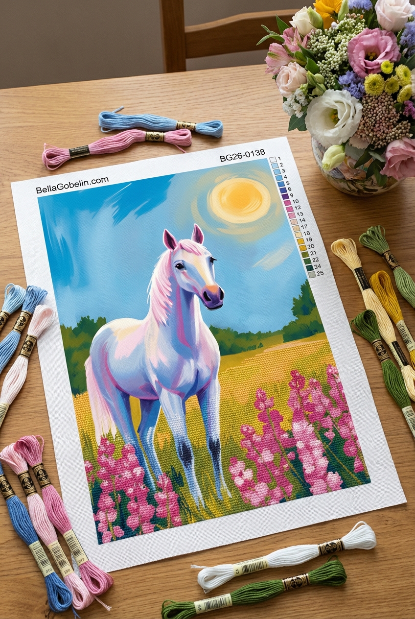 Horse with flowers in the meadow
