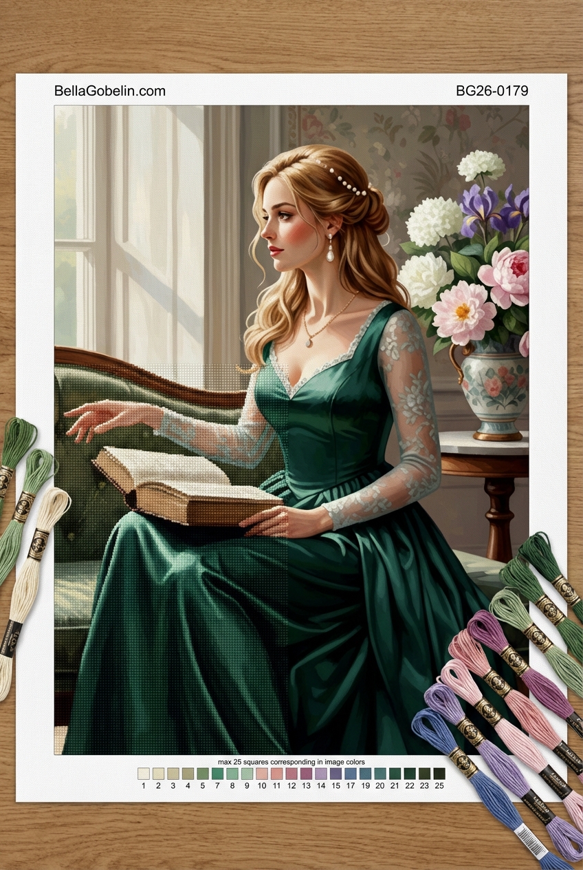 Lady reading a book in a green dress