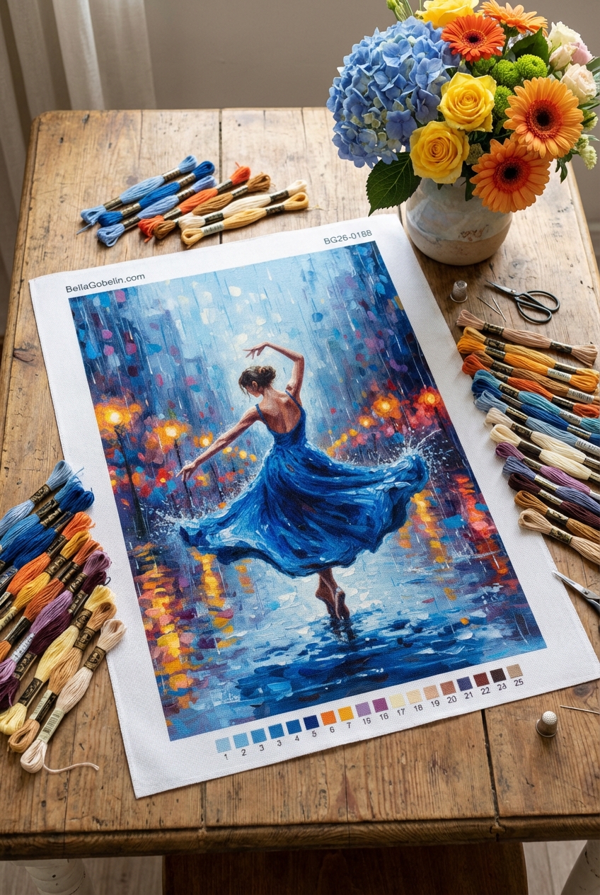 The rain dance of the ballerina in the blue dress.