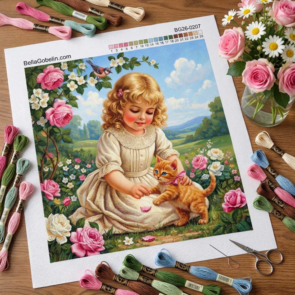 Little girl, kitten, rose garden, idyll