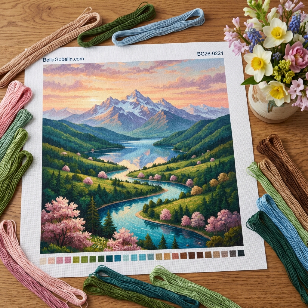 Mountain landscape with flowering trees