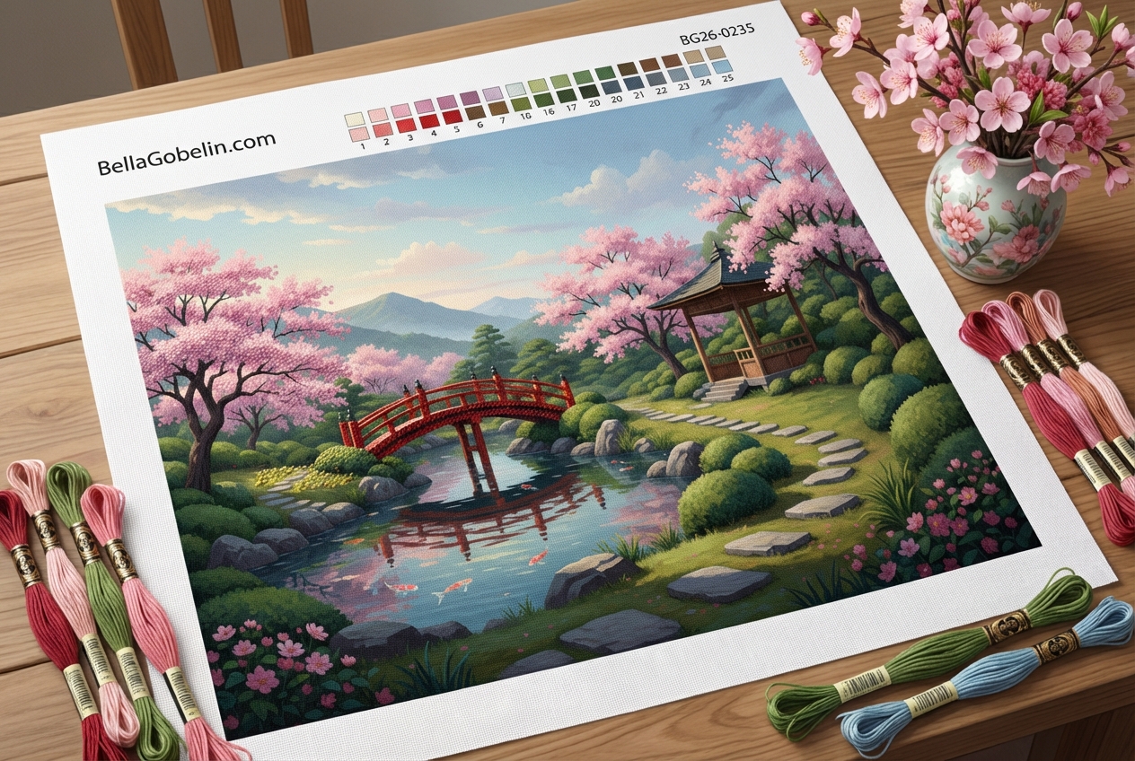 Japanese garden with cherry blossoms