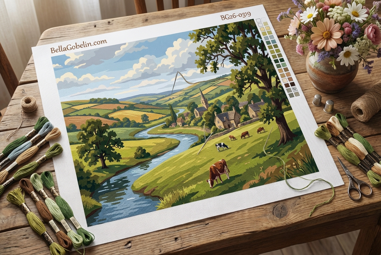 English countryside landscape with river