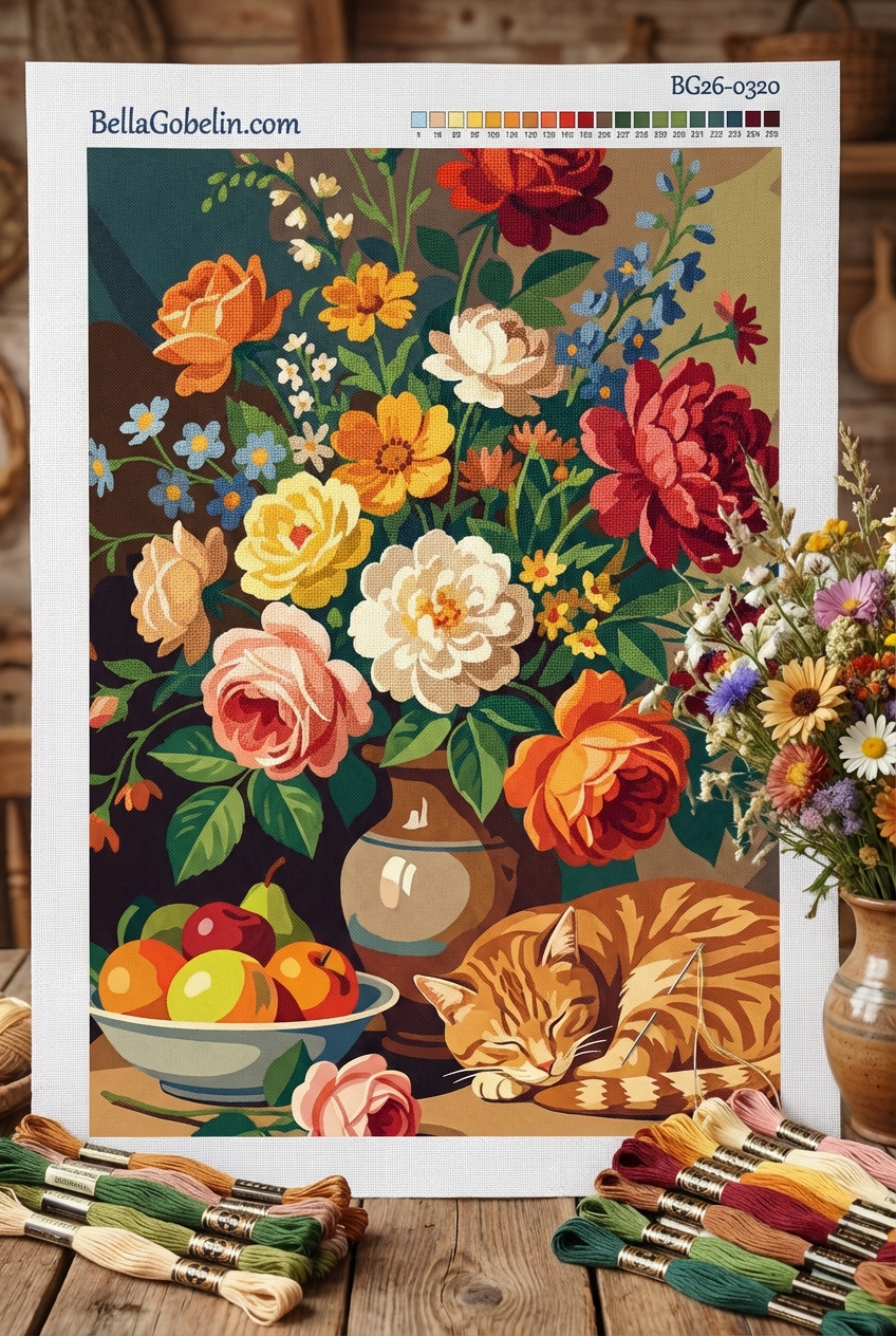 Still life with flowers and cat