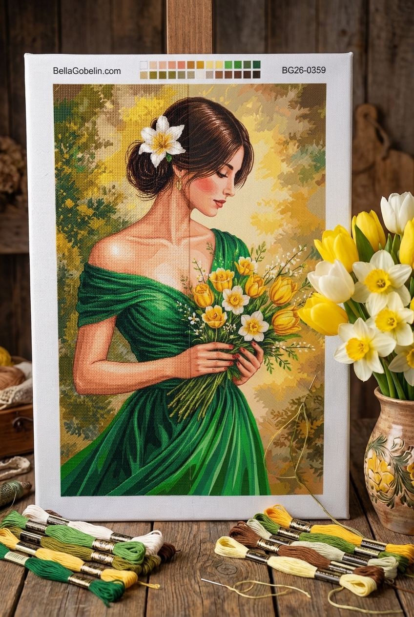 Lady in a green dress with a bouquet of yellow flowers.