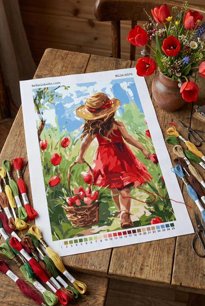 Girl with tulips in the field