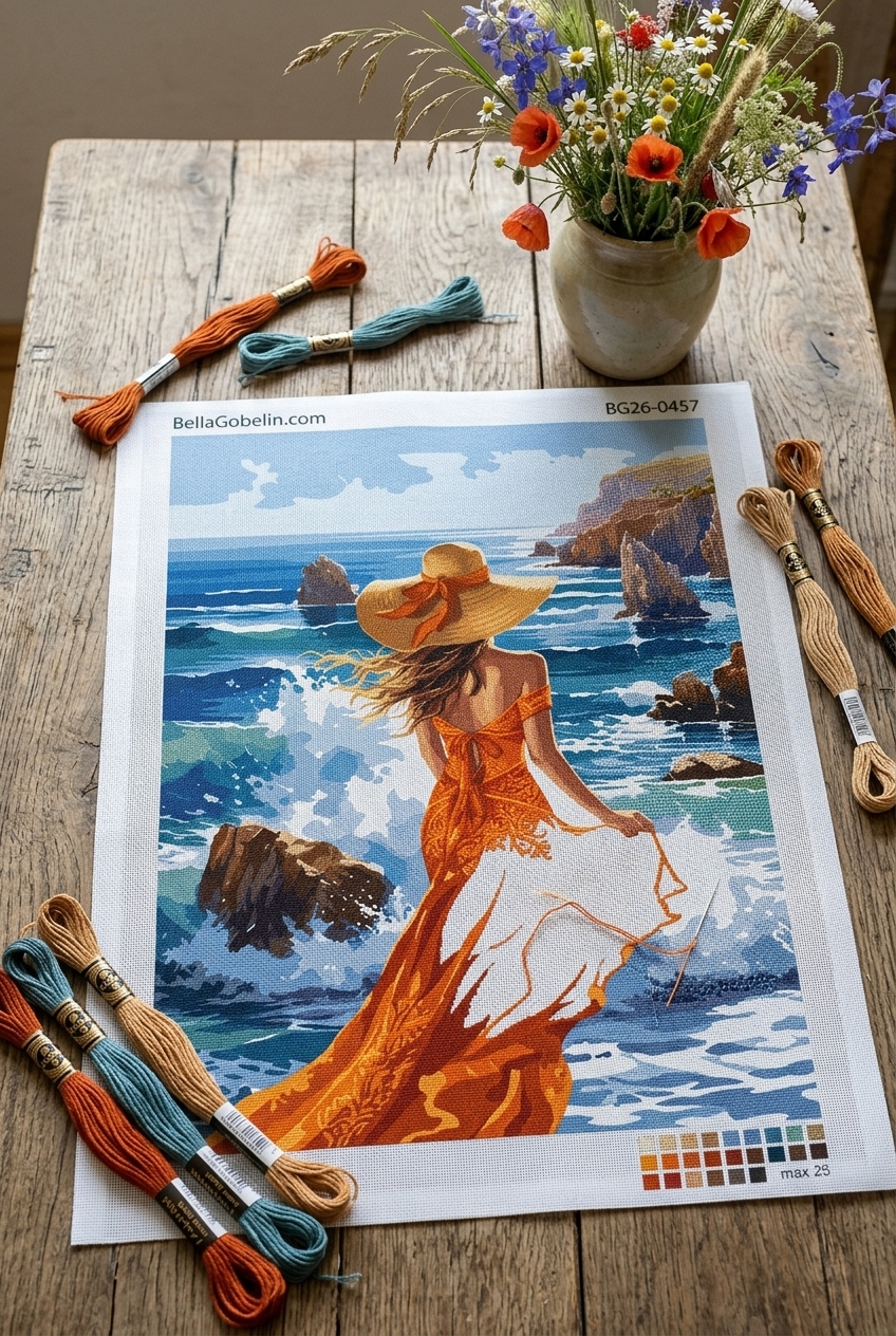 Woman in an orange dress on the beach