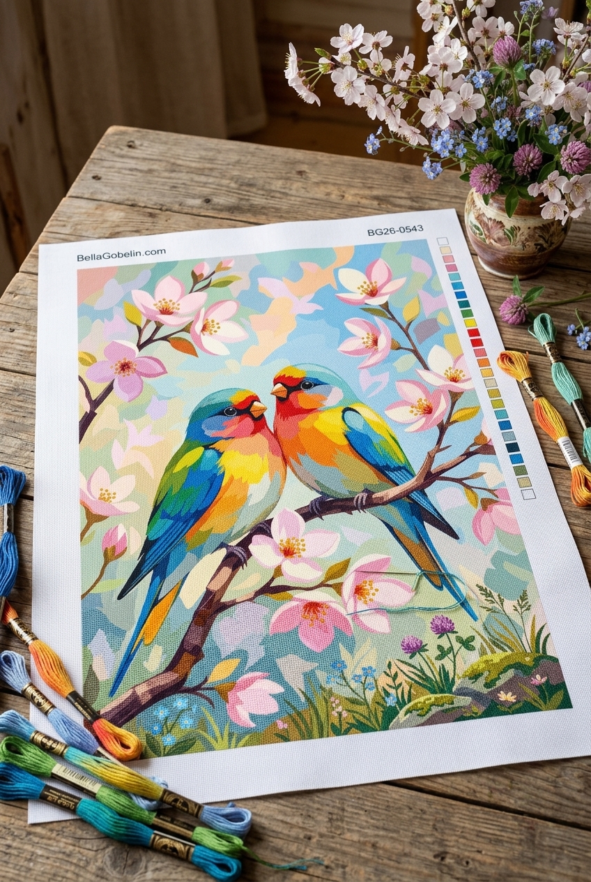 Colorful birds on a flowering branch