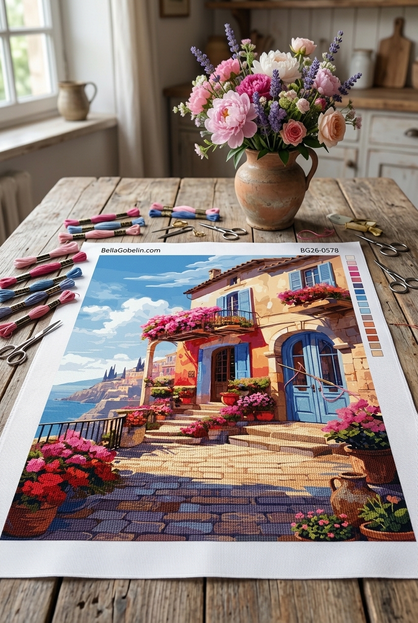 Mediterranean seaside house with flowers