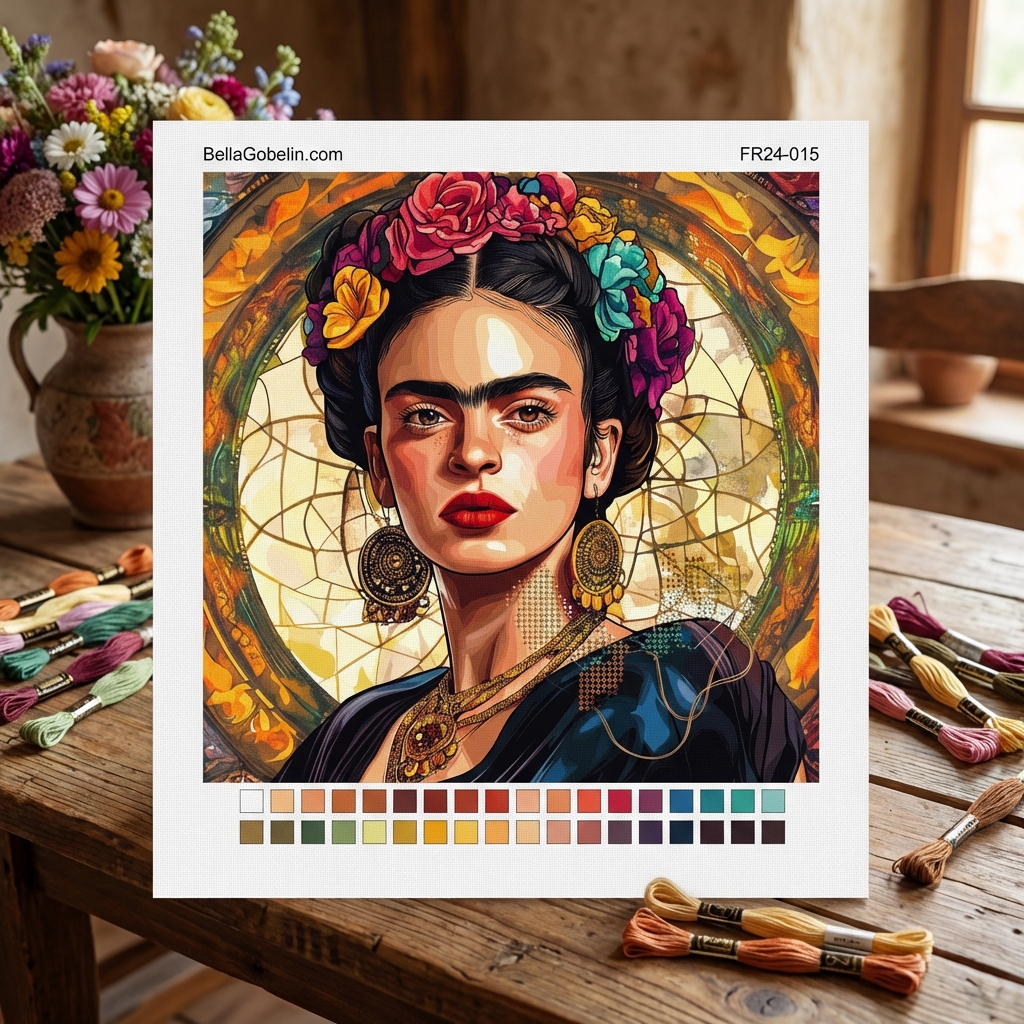 Frida Kahlo portrait in the style of Alphonse Mucha.
