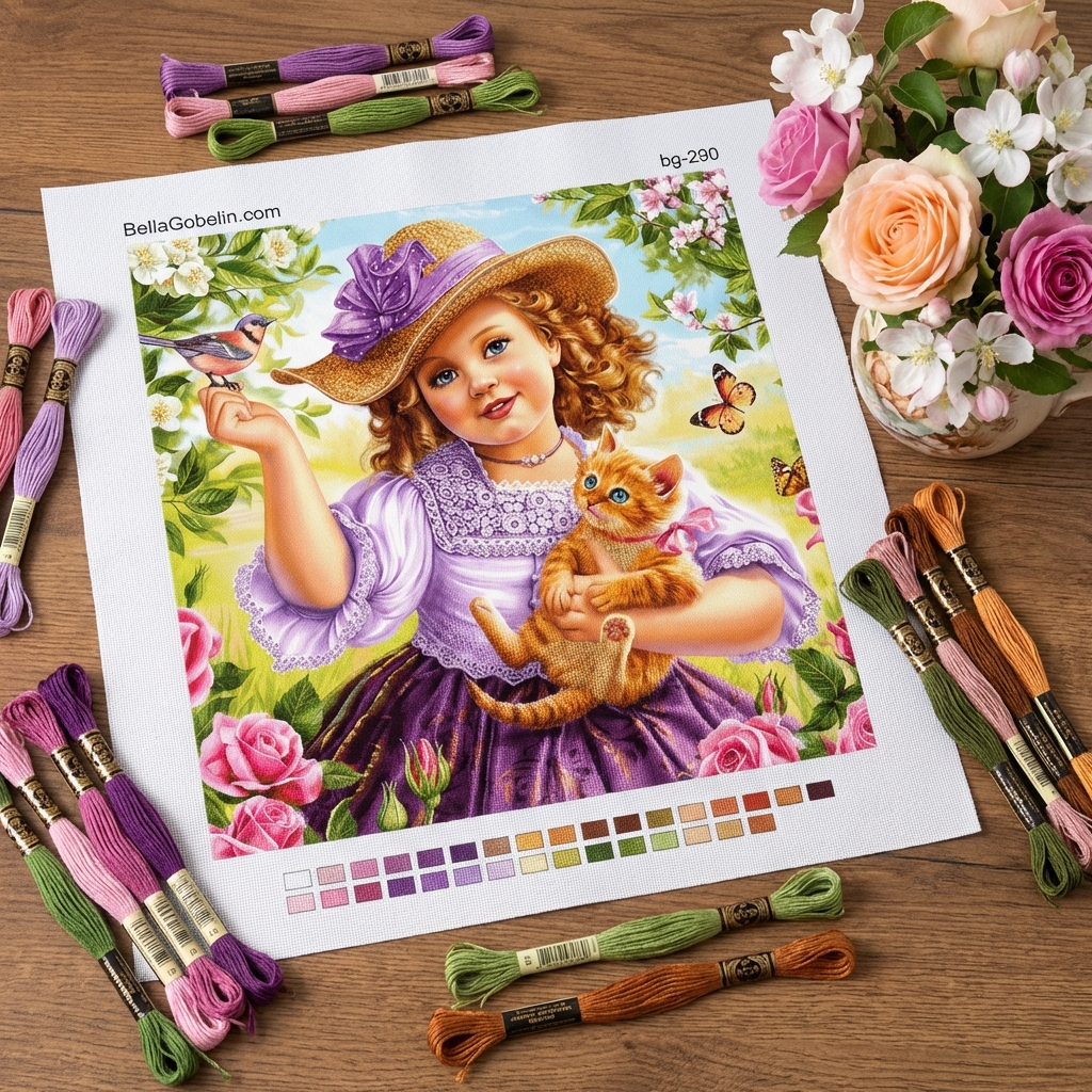 Little girl in the garden with a kitten