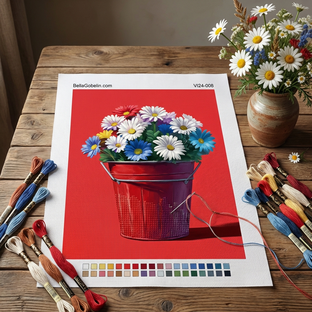 Colorful flowers in a red bucket