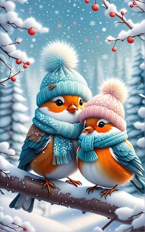 Little birds in a scarf and hat
