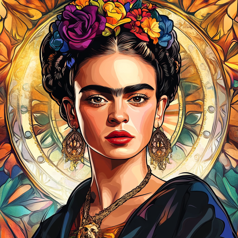 Frida Kahlo portré Alphonse Mucha stílusban