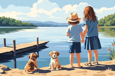 Children and puppies by the lake