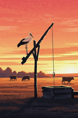 A stork landed on the thatched well.