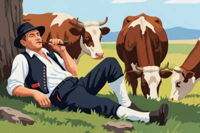 Relaxed cowboy on a buffalo plaid background