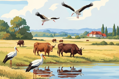 Cows and herons by the lake