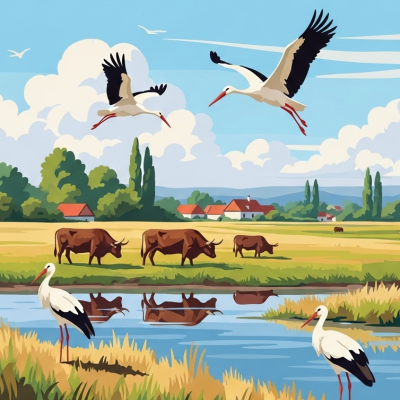 Swans and Cattle by the Lake
