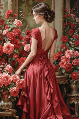 Woman in a red dress with roses