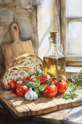 Still life with bread and tomatoes